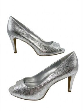 Bandolino Rainaa Metallic Silver Peep Toe Pumps Size 11M New Y2K